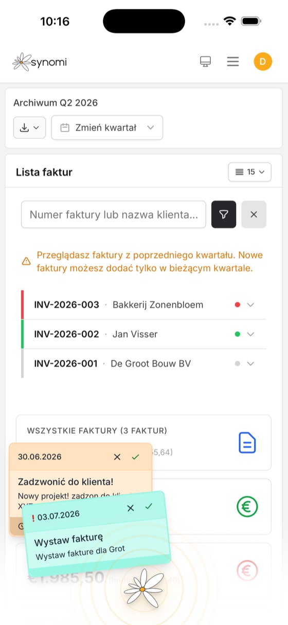 Lista faktur w Synomi na telefonie
