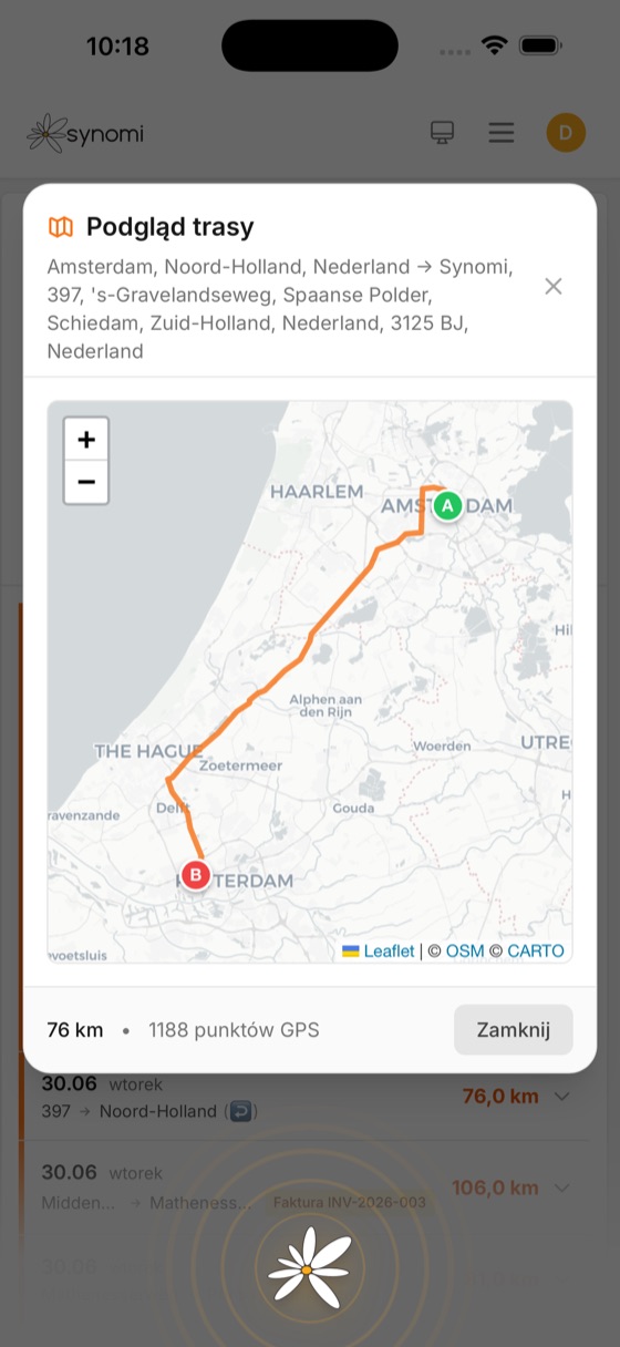 Podgląd trasy GPS w Synomi — przejazd na mapie